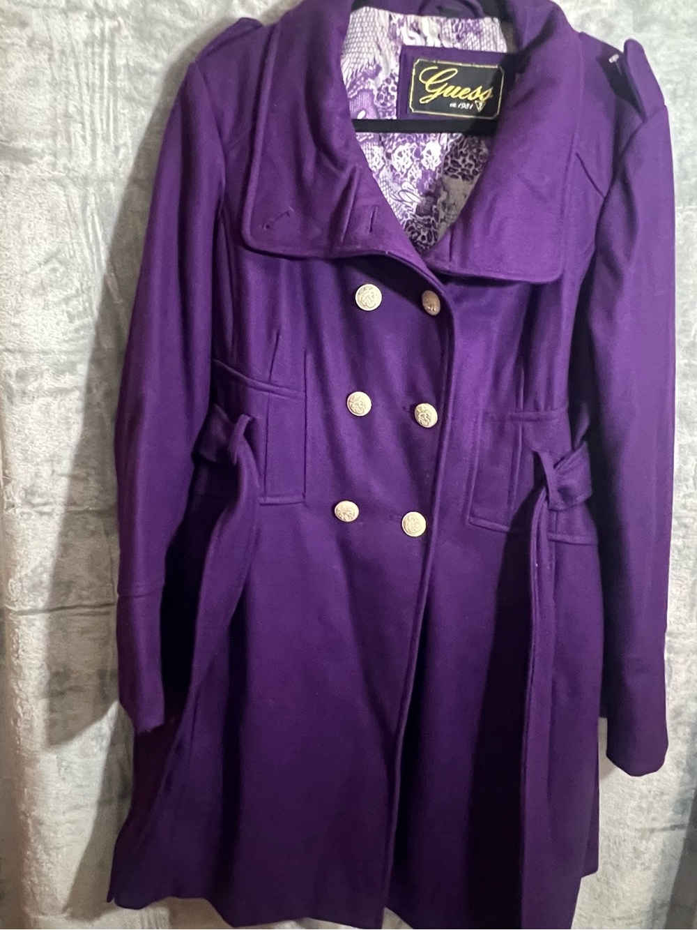 GUESS Women's Purple Double-Breasted Wool-Blend Coat XL